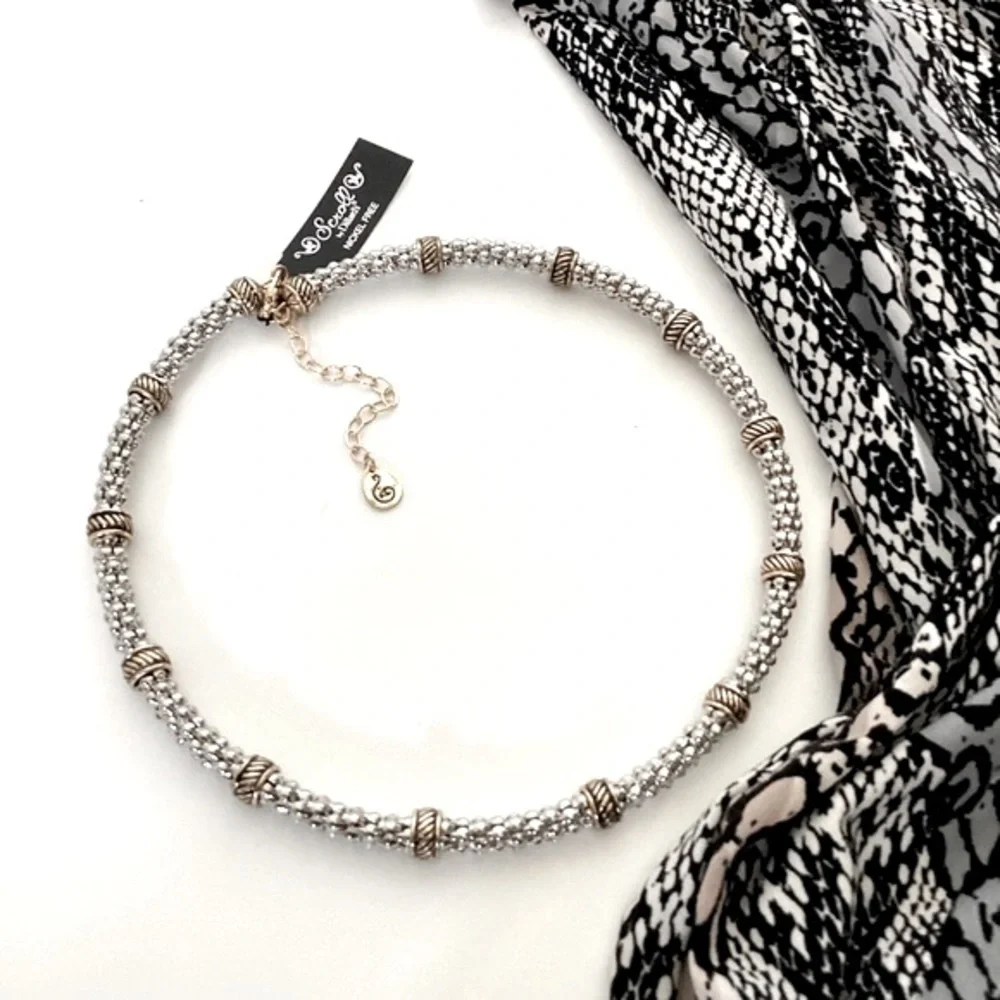 Scroll Gold And Silver Tone Metal Wire Statement Collar Necklace Crystal Accents - Picture 9 of 13